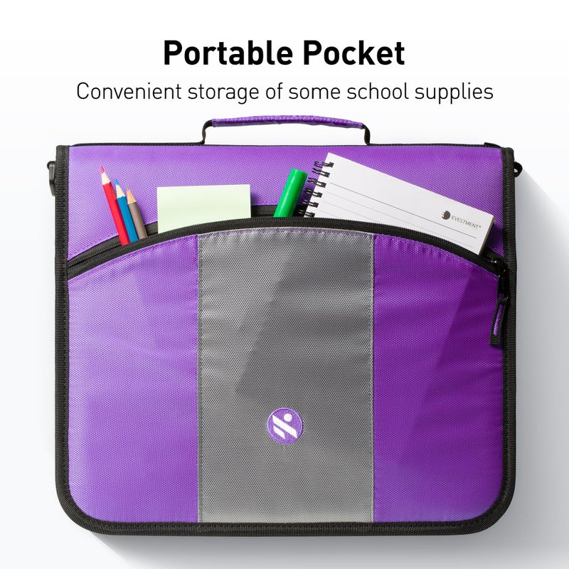 Kinbashi 3-Inch 3 Round Rings Zipper Binder, Expanding Files, Handle and Shoulder Strap Included, Purple - Image 2